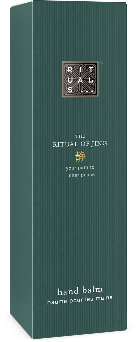 Zielone opakowanie balsamu do rąk z serii The Ritual of Jing z nazwą produktu i uspokajającym przesłaniem.