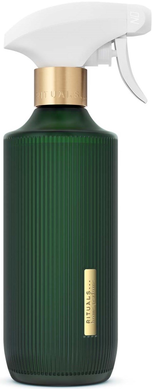 Groene sprayfles met witte spraykop en gouden hals, met label 'RITUALS'.