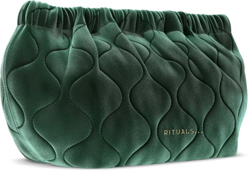 A quilted, green fabric bag with gold text that says 'RITUALS'. It has a gathered top and stylish design.