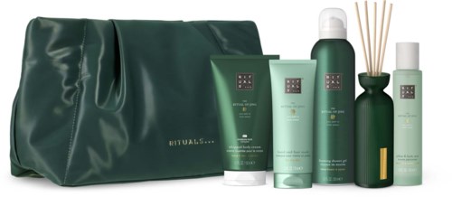 Rituals plejeprodukter med grøn indpakning og en matchende grøn taske. Indeholder flasker og rør til krop og ansigt.