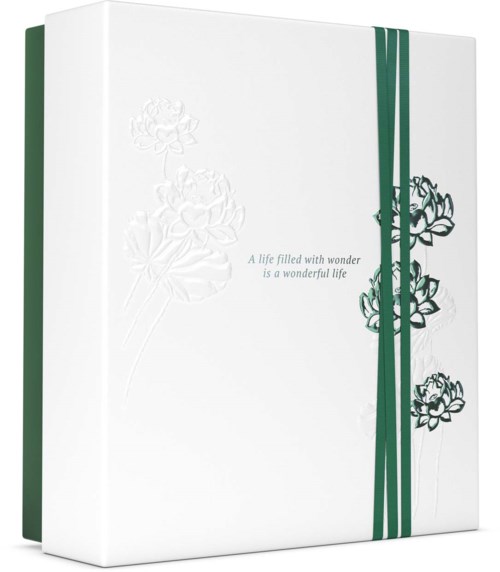 A white box with green floral design and the quote: "A life filled with wonder is a wonderful life."