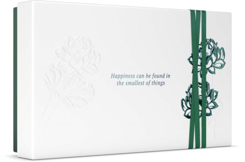 A white box with green floral designs and ribbons, with the quote "Happiness can be found in the smallest of things."