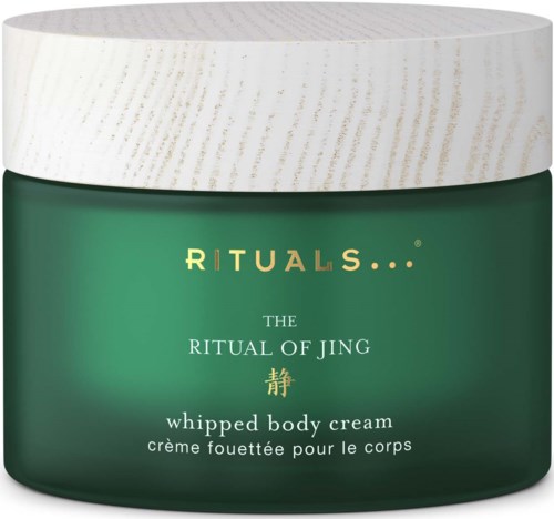 Green jar of whipped body cream with a white lid, labeled 'The Ritual of Jing'.