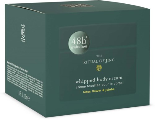 Green box with text about a body cream named The Ritual of Jing, with lotus flower and jujube, offering 48 hours hydration.