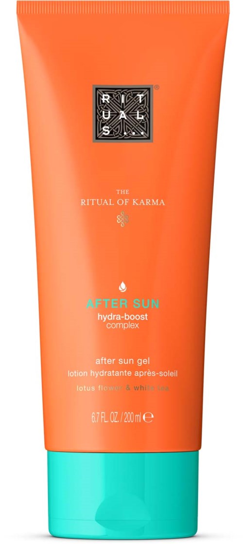 Oransje og turkis solgelflaske med tekst om etter sol og hydra-boost kompleks. Inneholder 200 ml.