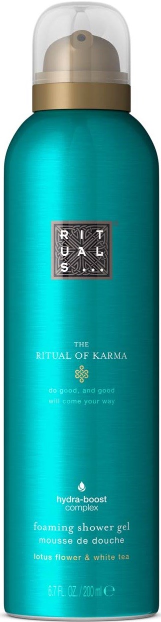 Turkusowa butelka piankowego żelu pod prysznic z przezroczystą nakrętką, oznaczona "THE RITUAL OF KARMA" i "hydra-boost complex."