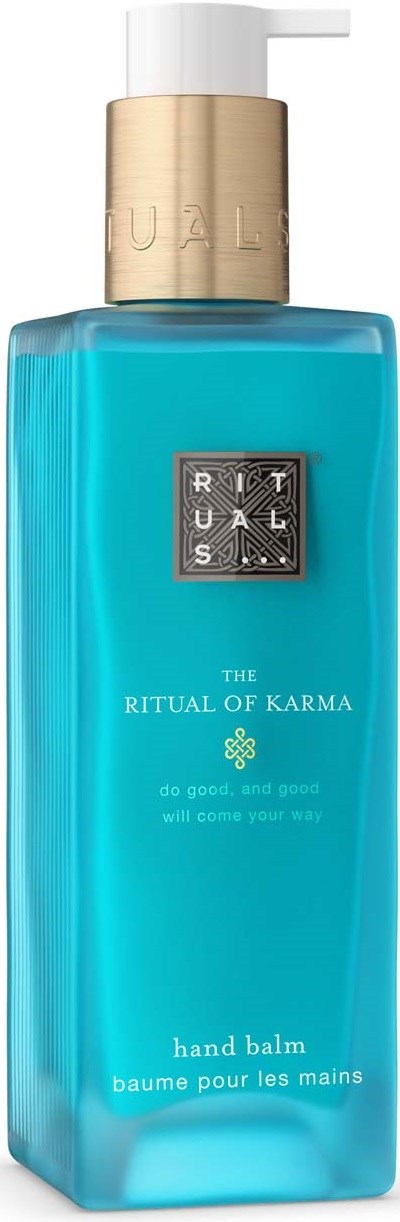Blue hand balm in a sleek bottle with a gold cap, labeled The Ritual of Karma, designed for hand care.