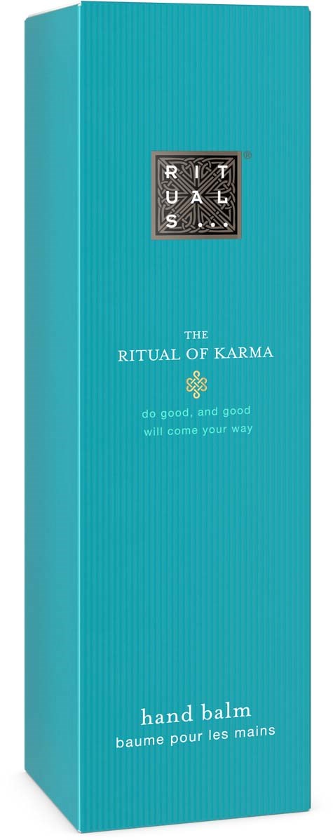 Tall blue box with Rituals logo and text for hand balm on the front.
