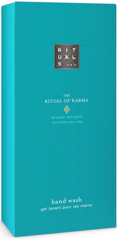 A turquoise box with the Rituals logo, text about karma and hand wash, and a small graphic in the middle.