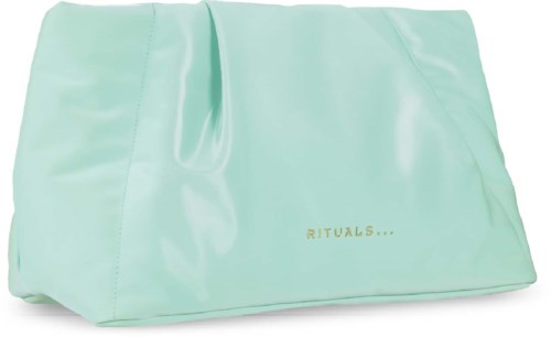 Ljusgrön kosmetväska med gyllene text som säger RITUALS. Väskan har en glansig, slät yta.