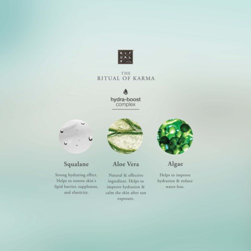 A logo with the words "The Ritual of Karma" and three circles showing benefits of squalane, aloe vera, and algae.