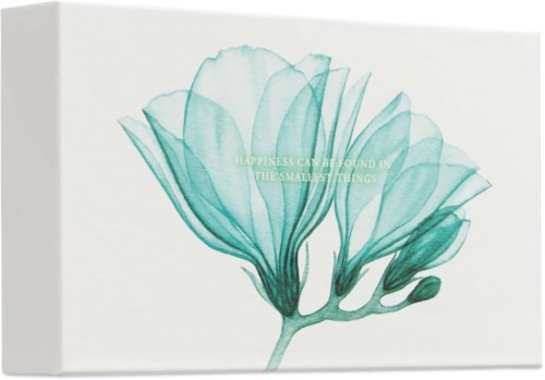 A soft blue watercolor flower with text: "Happiness can be found in the smallest things."