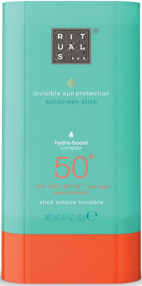 Een turquoise zonbeschermingsstick met een rode onderkant, gemerkt RPM, SPF 50+ en waterdicht.
