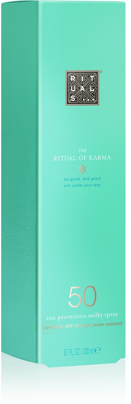 En hög, turkos låda med ett silveremblem och text om en parfym som heter Ritual of Karma, SPF 50.