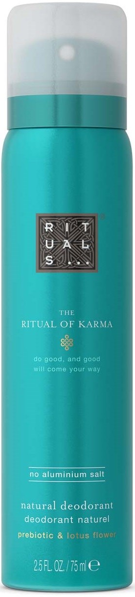 Turkusowa butelka spray'a dezodorantu z białą nakrętką, oznaczona 'The Ritual of Karma' i 'no aluminium salt'.