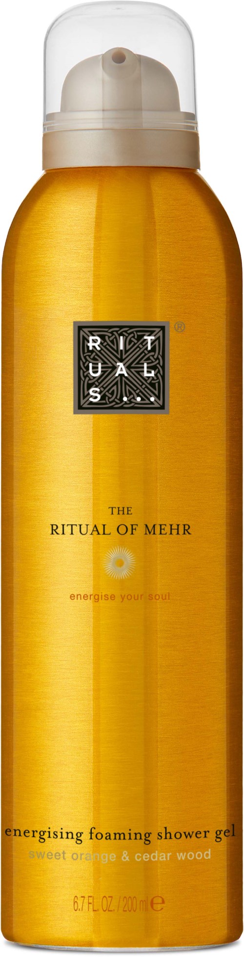 Guldfärgad duschgelflaska med vit lock, märkt "The Ritual of Mehr."