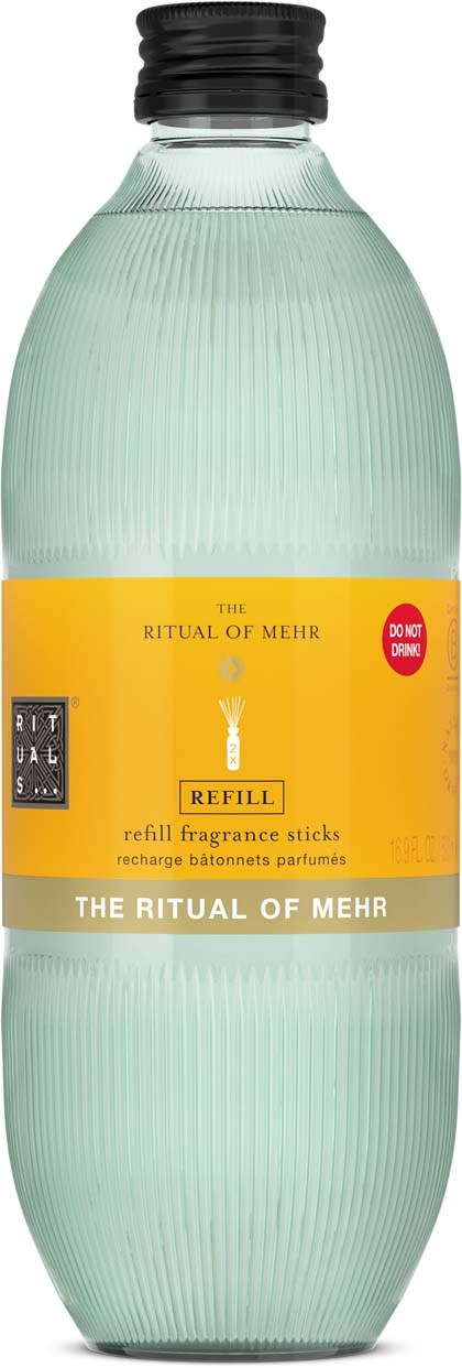 En gjennomsiktig plastflaske med svart lokk, inneholder duftstaver, merket The Ritual of Mehr, gul og grå etikett.