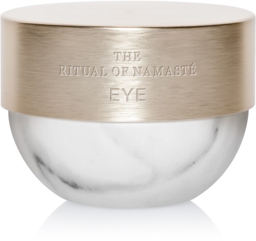 Pieni purkki kultgledyllä ja valkoisella marmorikuvioinnilla, merkattu 'The Ritual of Namaste Eye.'