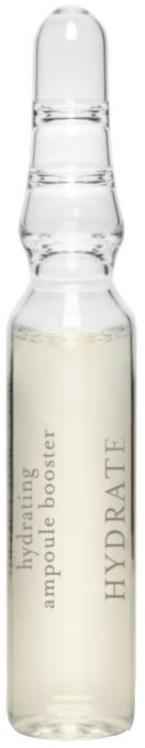 En liten glasflaska med klart vätska inuti, märkt 'HYDRATE' och 'ampoule booster' i enkel text.