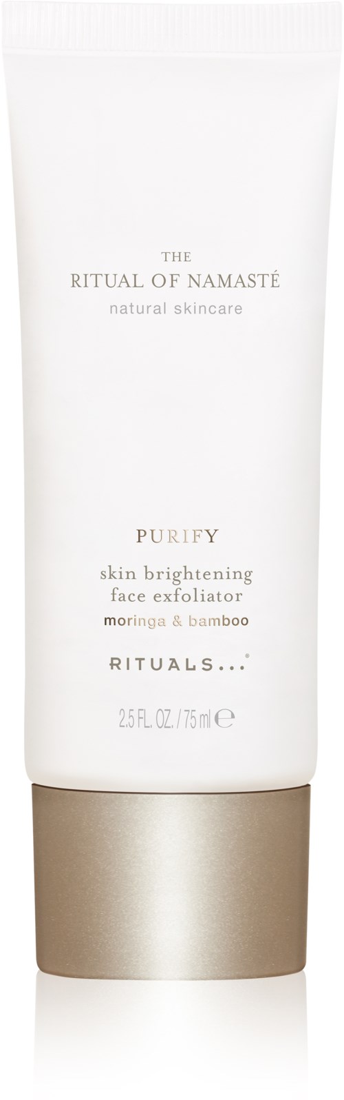 En hudpleieprodukt kalt 'Purify' for ansiktsskrubb med naturlige ingredienser, i en hvit tube med gullfarget hette.