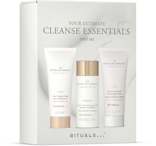 Box with three skincare products labeled Rituals Cleanse Essentials, including face exfoliator, cleansing powder, and foam.