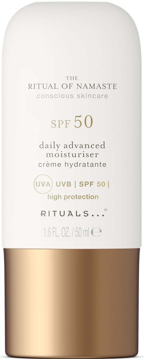 En vit flaska med guld-ändare, märkt Rituals SPF 50 daglig återfuktare för hudskydd.