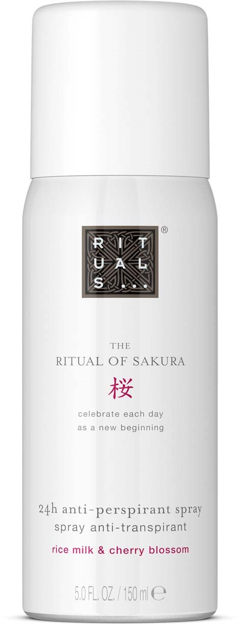Biała butelka z sprayem oznaczona The Ritual of Sakura, z zapachem mleka ryżowego i kwiatu wiśni, 24-godzinny antyperspirant.