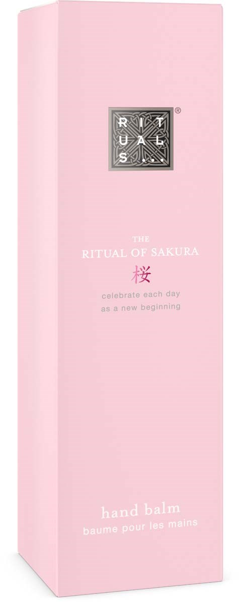 Pink box with Rituals logo and text about Sakura hand balm and celebrating new beginnings.