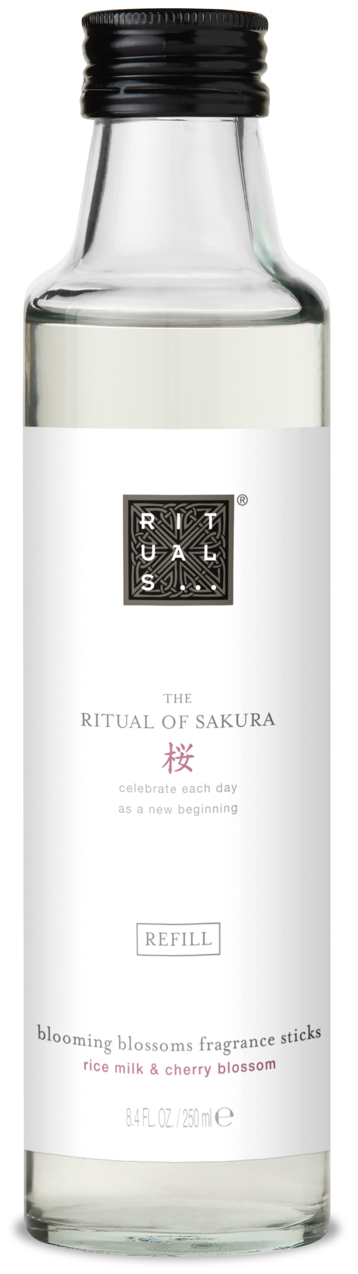 Rituals The Ritual Of Sakura Home Fragrance doftstickor påfyllningflaska rismjölk och körsbärsblomma. Vätskan räcker i ca tre månader. Flaskan kostar 275 kr hos Lyko.