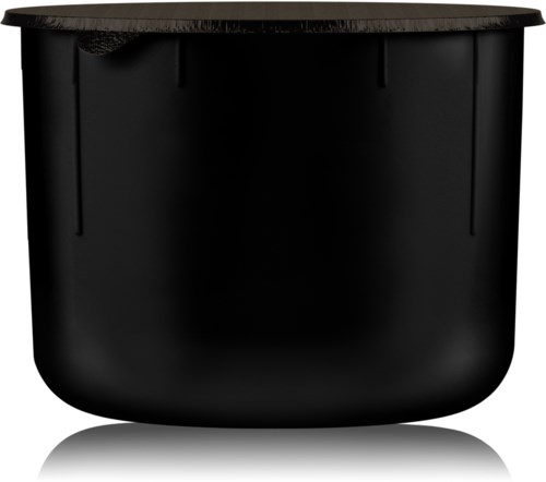 En svart behållare med en platt topp och rundade sidor, sannolikt av plast eller metall.