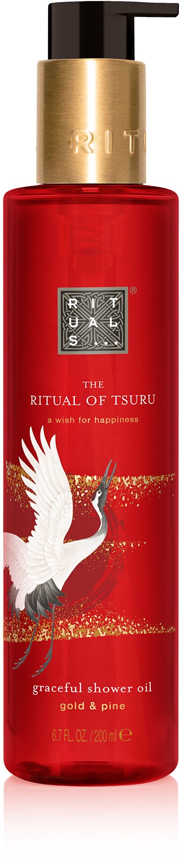 En rød showerolieflaske med en guldkapsel og et billede af en kran. Den hedder 'The Ritual of Tsuru'.