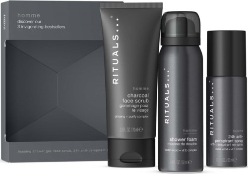 Grijze doos met drie Rituals-herenvaarproducten: gezichtscrème, douchefoam en deodorant spray.