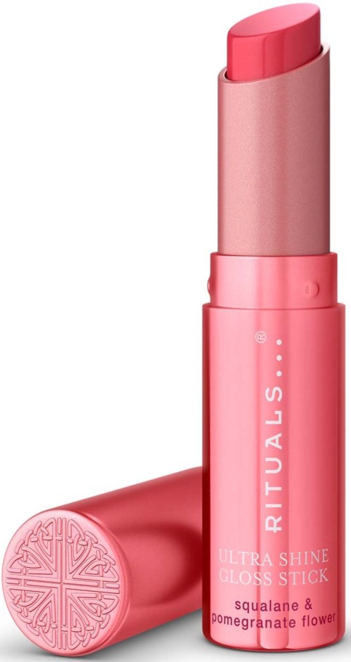 Rosa leppestift i tube med sølvhette og logo for naturlige ingredienser, merket Ultra Shine Gloss Stick i rosa rør.