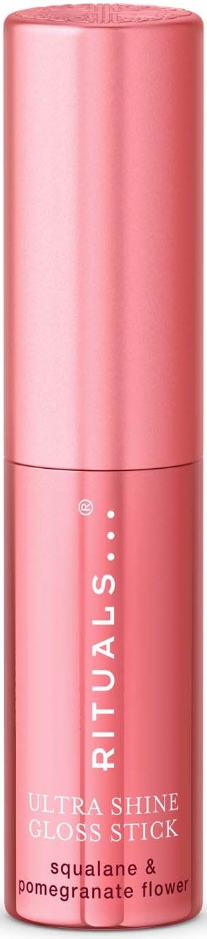 Rosa leppeglansstift med hvit tekst, merket Rituals Ultra Shine Gloss Stick med squalane og granateple blomster.