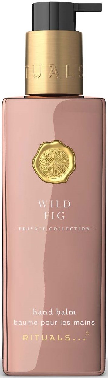 Różowa butelka balsamu do rąk z czarnym dozownikiem i złotą nakrętką, oznaczona Rituals Wild Fig.
