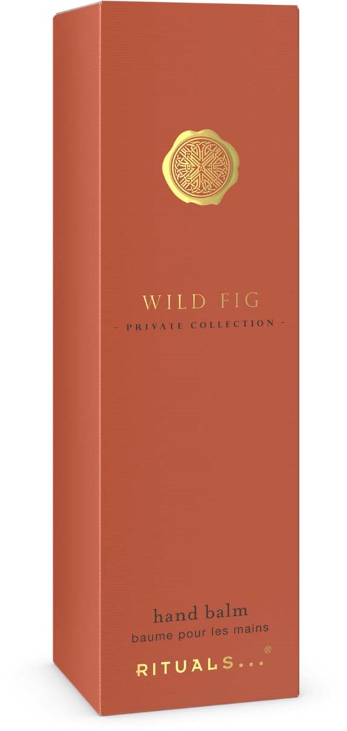 Wysoka, prostokątna, pomarańczowa puszka z złotym emblematem i tekstem na temat Wild Fig balsamu do rąk od Rituals.