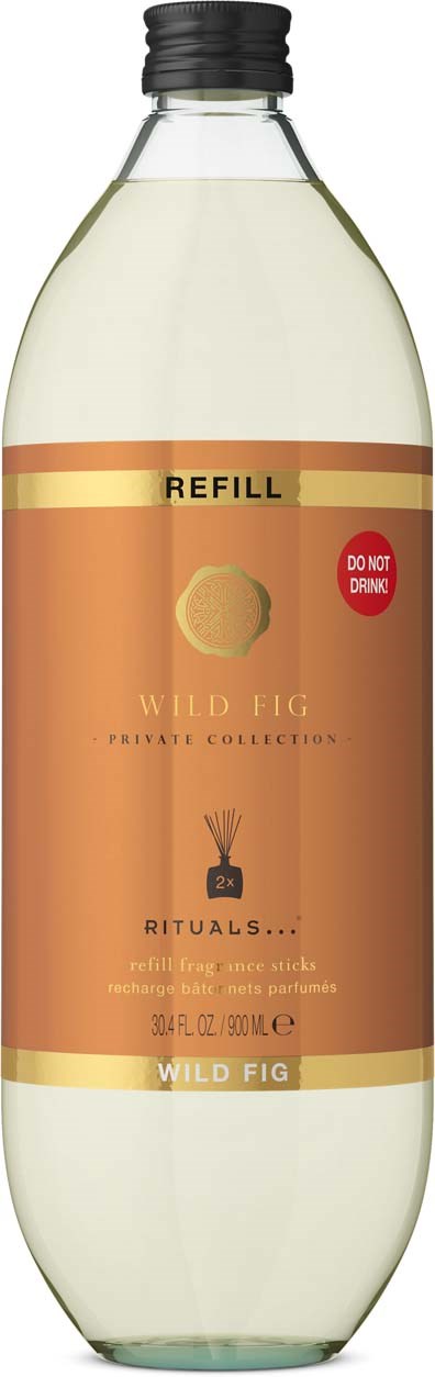 Butelka uzupełniająca do mydła w płynie Wild Fig o zapachu, z czarną zakrętką i pomarańczową etykietą.