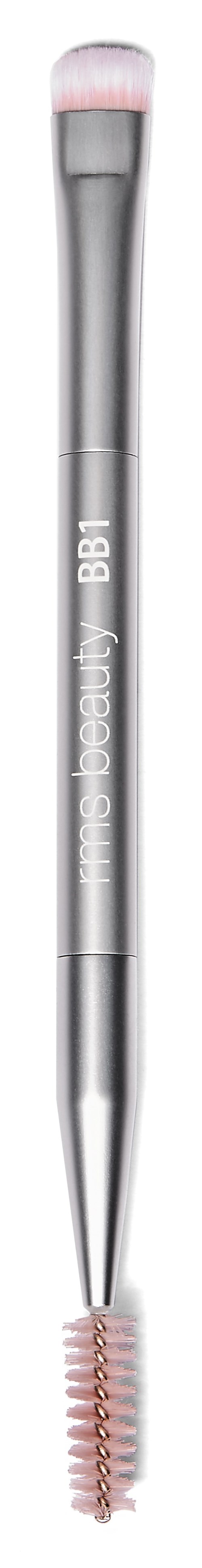 A dual-ended beauty tool with a brush on top and a small rolling pin on the bottom, both with pink tips.