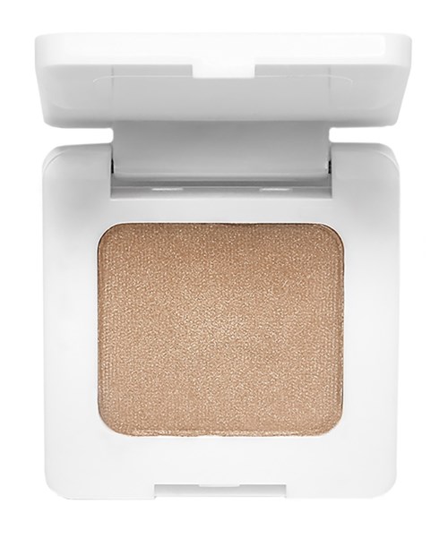 A beige eyeshadow in a white compact with a mirror lid. The eyeshadow has a shimmery finish.