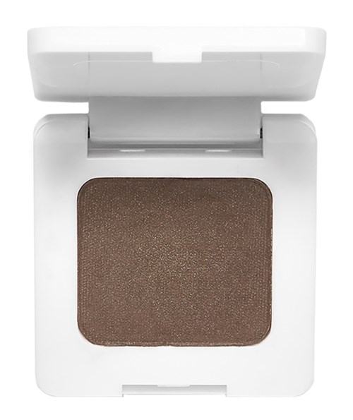 A white makeup compact with a brown pressed powder inside and a mirror on top.
