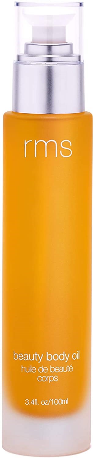 A tall, orange bottle with a clear pump top, labeled 'rms' and 'beauty body oil.'