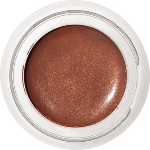 A small, round makeup pot filled with shimmery bronze eyeshadow.