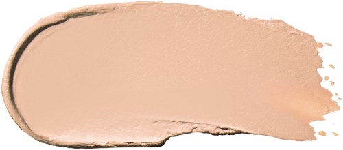 A light beige makeup or foundation swatch on black, with a curved edge and some uneven uneven edges.