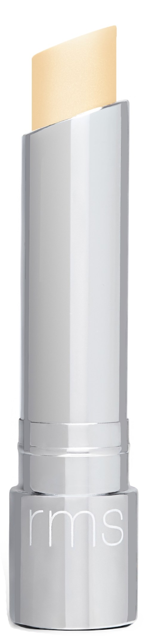 Een zilverkleurige lippenstift met lichtgele kleur op de bovenkant, gemerkt 'rms' aan de onderkant.