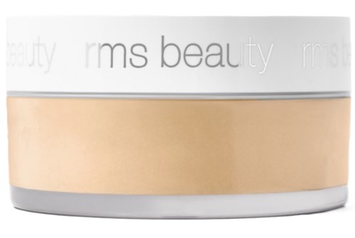 A round container with white, gold, and silver colors, labeled "rms beauty."