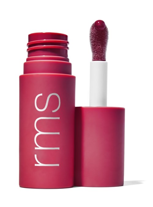 Een roze lippenstift met applicator die vloeistof binnenin toont.