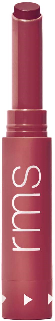 A pink lipstick tube with the word 'rms' written on it, the cap is removed showing the lipstick inside.