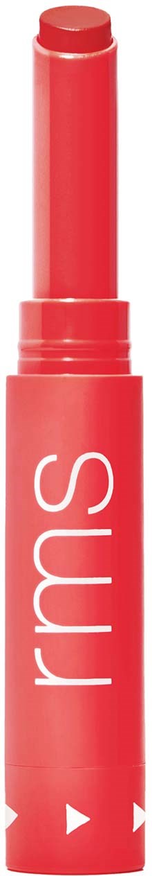 A pink lipstick tube with a slightly twisted cap, labeled "rms" in white letters.