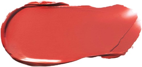 A broad, red lipstick stroke looks smooth and glossy with a slight curve.