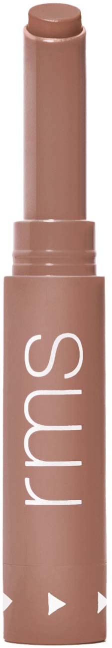 A beige makeup stick with white text saying 'rms'.
